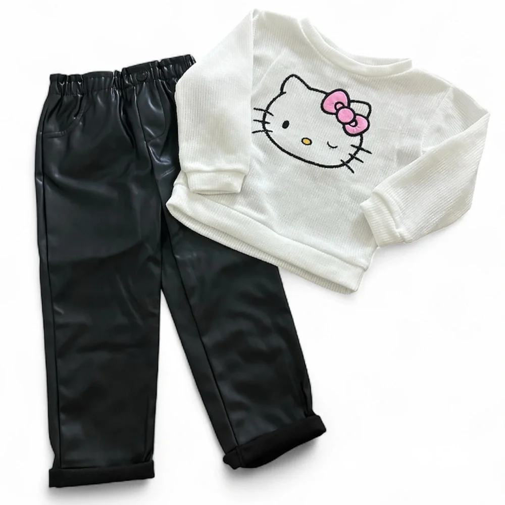 Hello Kitty White Sweater and Black Faux Leather Pants Set Girls Size 3T NWT